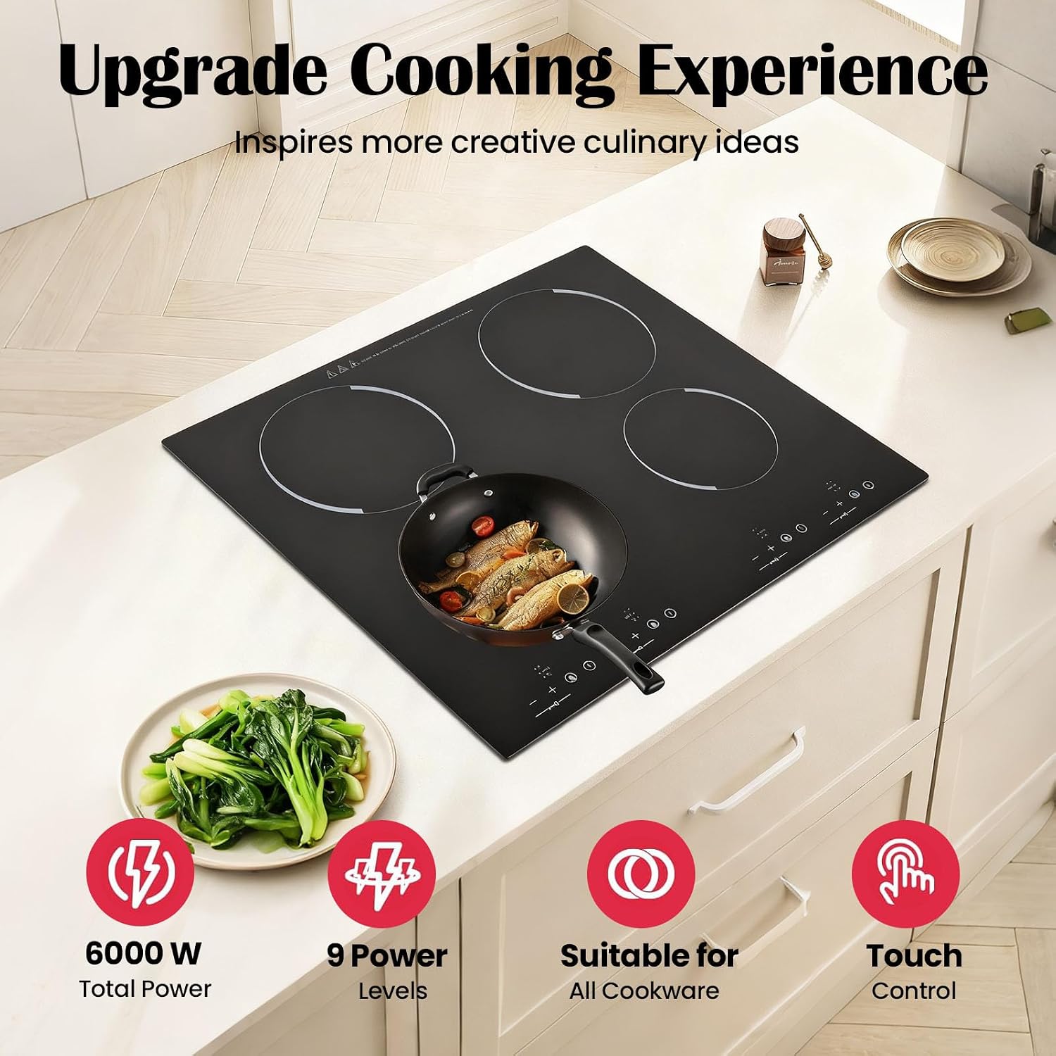 23 Inch Electric Cooktop - 4 Burner 3000W Ceramic Stove Built-in Electric Stove Top w/9 Heating Levels Touch-adjustable Control