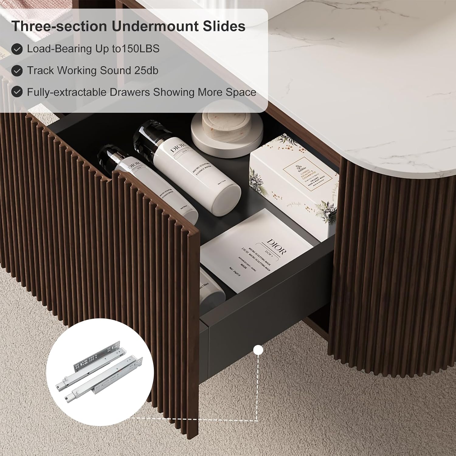 24' Floating Bathroom Vanity with Sink, Modern Bathroom Storage Cabinet with Ceramic Bowl Shape Basin and Marble Top, Large Storage Drawer, Soft-Close Design, Pre-Assembled, Dark Walnut