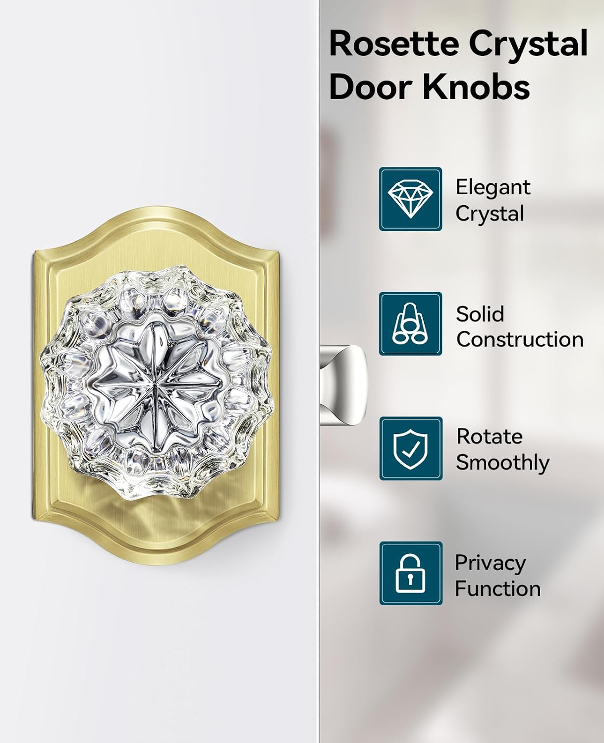 6 Pack Glass Door Knobs Interior with Lock, Gold Crystal Door Knobs Interior for Privacy Use, Glass Door Knobs for Bedroom Bathroom, Vintage Crystal Door Knob Set
