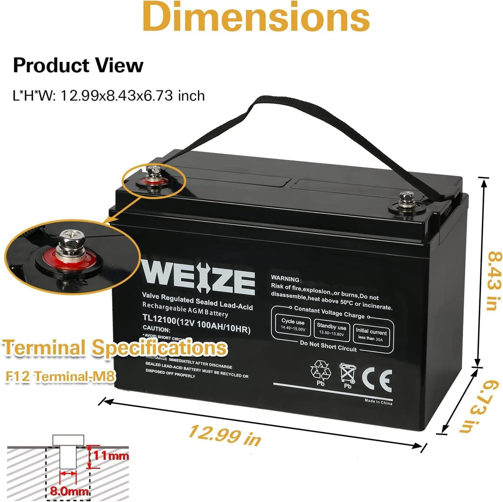 WEIZE 12V 100Ah Deep Cycle Battery, Group Size 31 Battery for RV, Solar, Camping, Cabin, Marine and Off-Grid System, 1150A Max Discharge Current, 3% Self-Discharge Rate