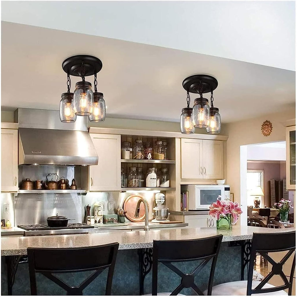 Modern Ceiling Light Industrial Glass Hanging Black Wrought Iron Pendent Lamp 3 Head Chandelier Compatible with Dining Room, Kitchen Island, Fixtures,Chandelier