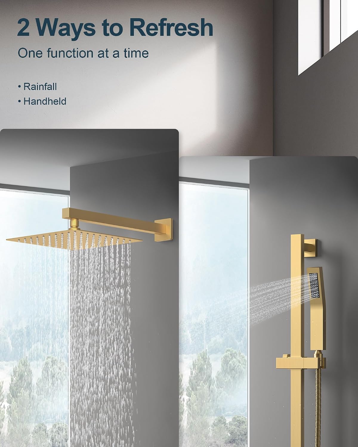 10' Shower Faucet Set with Valve, Wall Mounted Shower Head with High Pressure Handheld Sprayer & Slide Bar, Brushed Gold