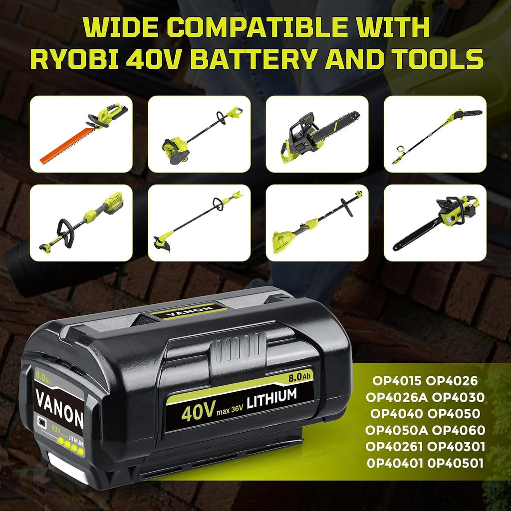 VANON OP4040 8.0Ah 40V Lithium-Ion Battery Compatible with Ryobi 40V Tools Replacement for OP4015 OP4026 OP40201 OP40261 OP4030 OP40401 OP4050 OP40501 RY40200 with LED Indicator 2-Pack