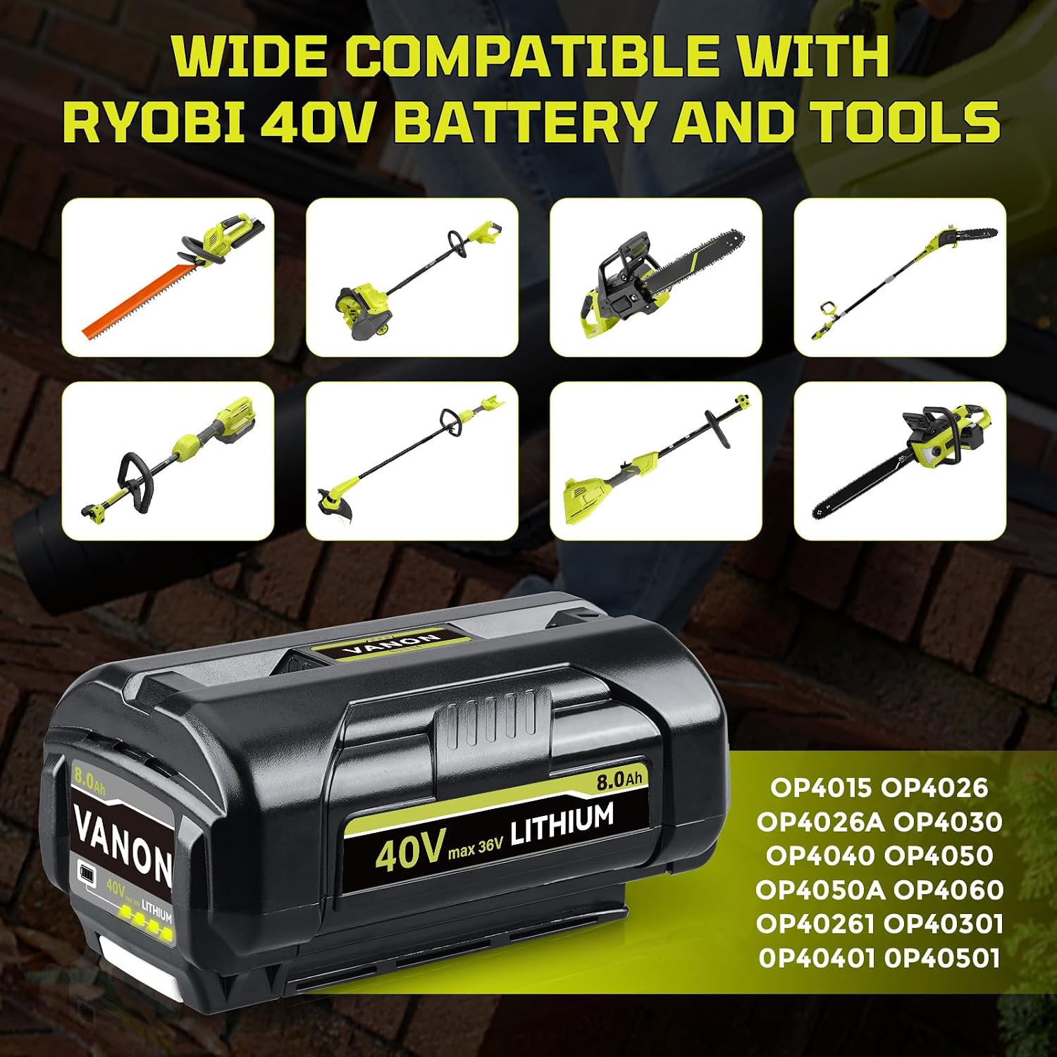 VANON OP4040 8.0Ah 40V Lithium-Ion Battery Compatible with Ryobi 40V Tools Replacement for OP4015 OP4026 OP40201 OP40261 OP4030 OP40401 OP4050 OP40501 RY40200 with LED Indicator 2-Pack
