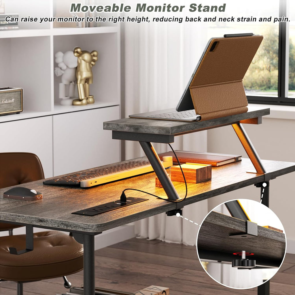 Height Adjustable Standing Desk with Power Outlets and LED Lights - 32' Manual Stand Up Desk with Monitor Stand and Storage Shelves Small Mobile Rolling Computer Desk Portable Laptop Table, Grey Oak