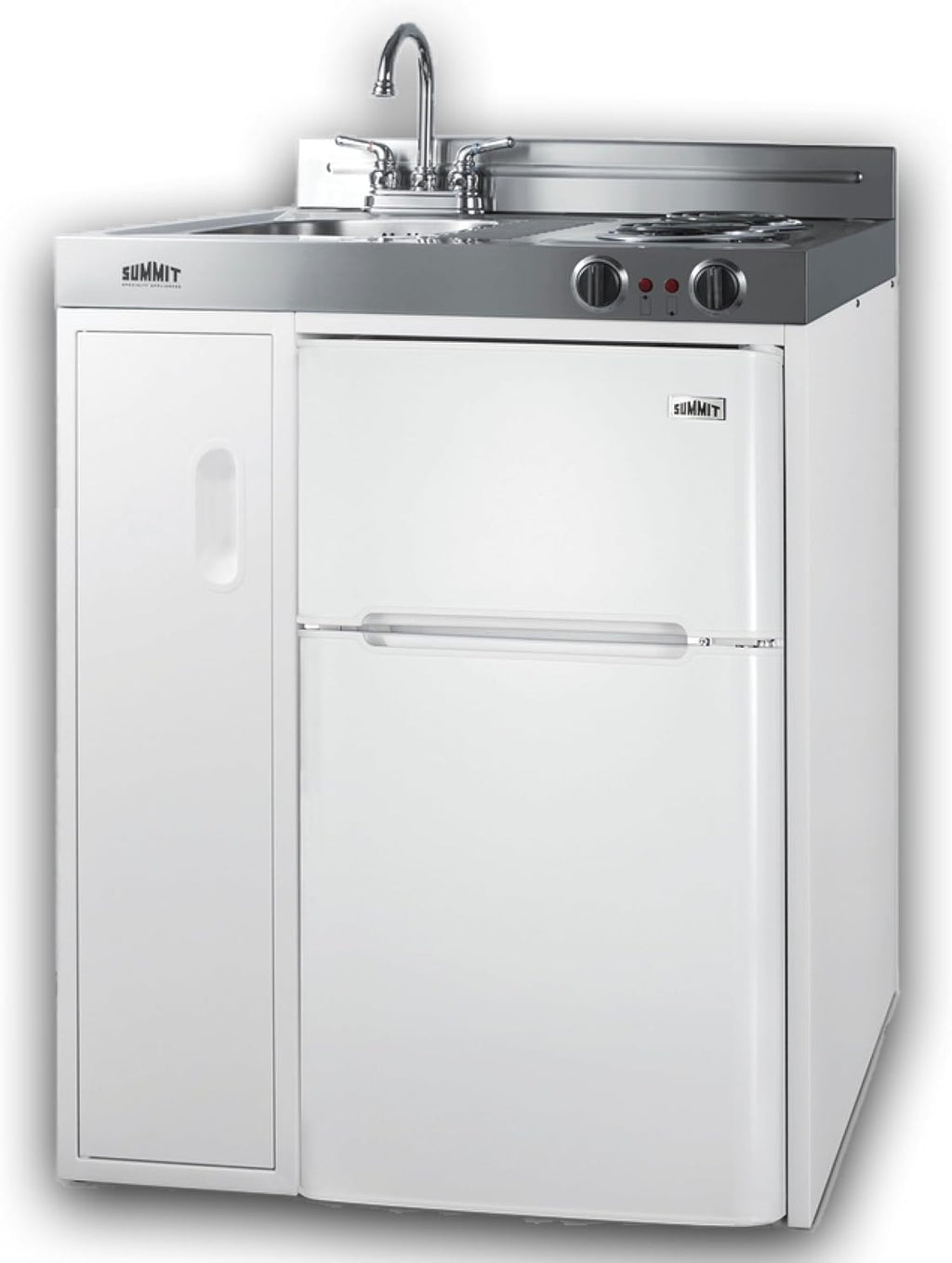 Summit 30' Wide All-In-One Kitchenette, 2-Door Refrigerator-Freezer, 2-Burner Cooktop, Sink, and Storage, White- C30EL
