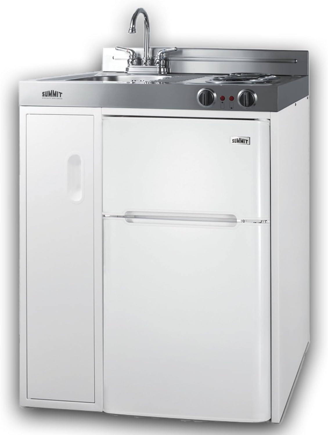 Summit 30' Wide All-In-One Kitchenette, 2-Door Refrigerator-Freezer, 2-Burner Cooktop, Sink, and Storage, White- C30EL