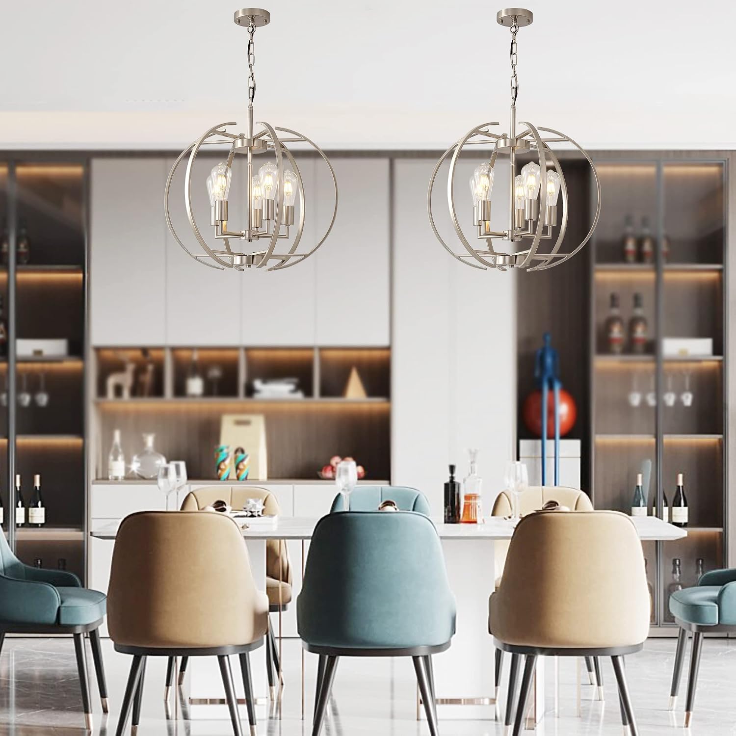 Large Lantern Globe Brushed Nickel Chandelier Lighting, Adjustable Hanging Ceiling Pendant 5 Light for Kitchen, Dining Room, Living Room, Hallway, Bedroom