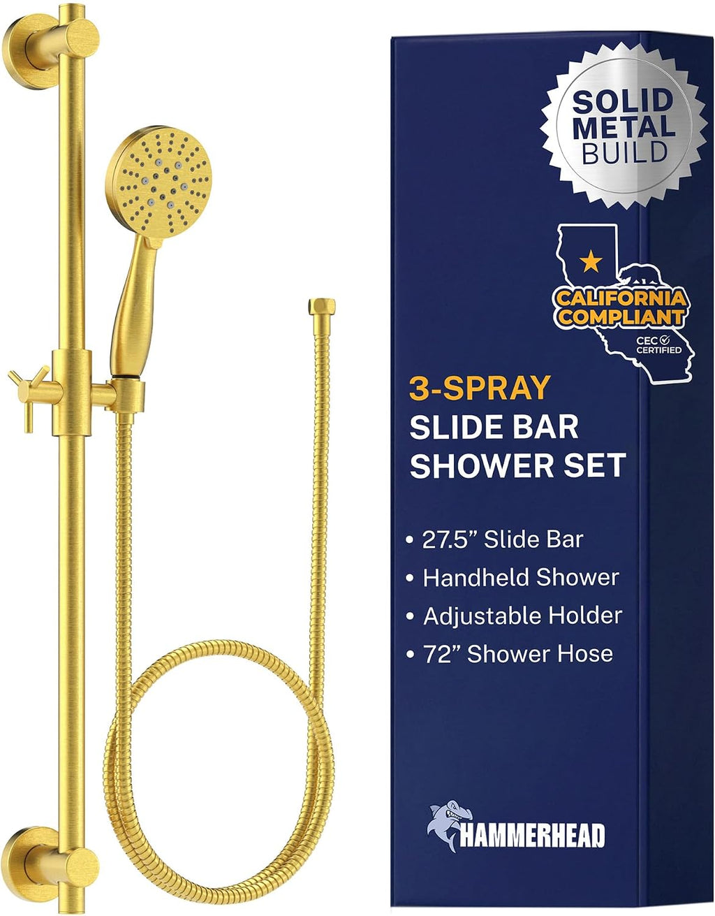 HammerHead Showers Solid Metal 27.5 Inch Shower Slide Bar with 3-Spray Handheld Shower Head with Long Hose and Holder, 1.75 GPM Low Flow Shower Head, Brushed Gold