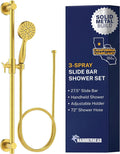HammerHead Showers Solid Metal 27.5 Inch Shower Slide Bar with 3-Spray Handheld Shower Head with Long Hose and Holder, 1.75 GPM Low Flow Shower Head, Brushed Gold