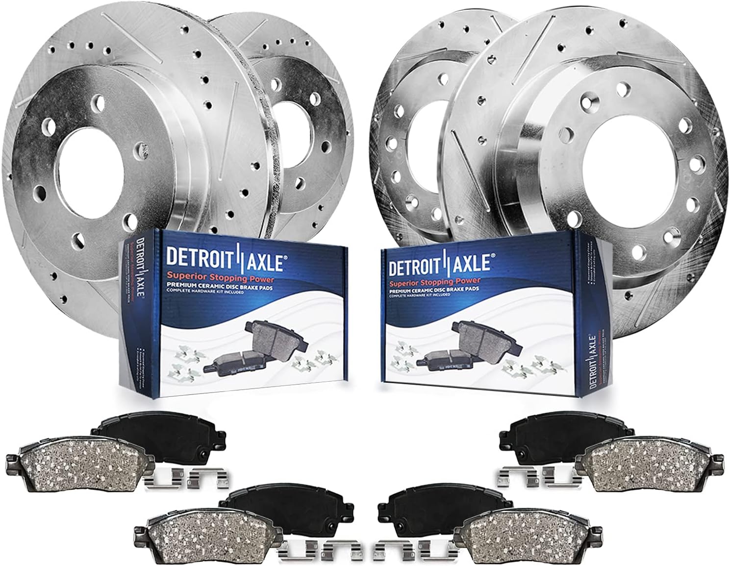 Detroit Axle - Brake Kit for 2007-2009 Hyundai Entourage, 2006-2012 2014 Kia Sedona Drilled & Slotted Brake Rotors and Ceramic Brakes Pads Front and Rear Replacement