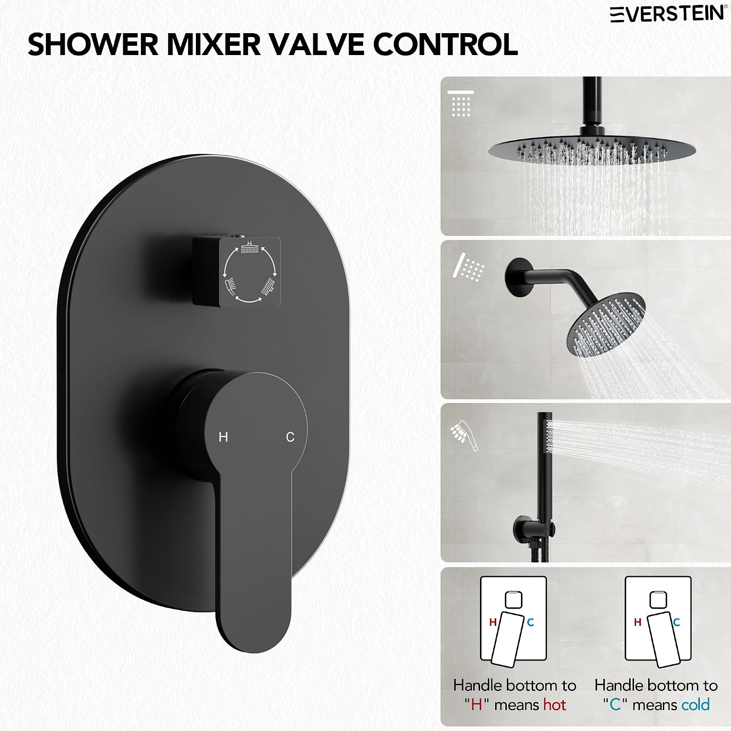 Ceiling Mount 10' High-Pressure Rainfall Shower Faucet, Dual Rainfall Shower Head System with Valve (Matte Black)