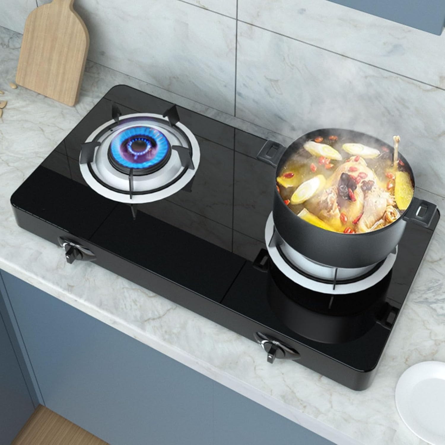 NIKKHO Gas Stove,Desktop with Thermocouple Protection Gas Cooktop,NG/LPG Convertible,Tempered Glass 2 Burners Gas Stoves Cooktop,Suitable for Apartments,Indoor (Color : NG)
