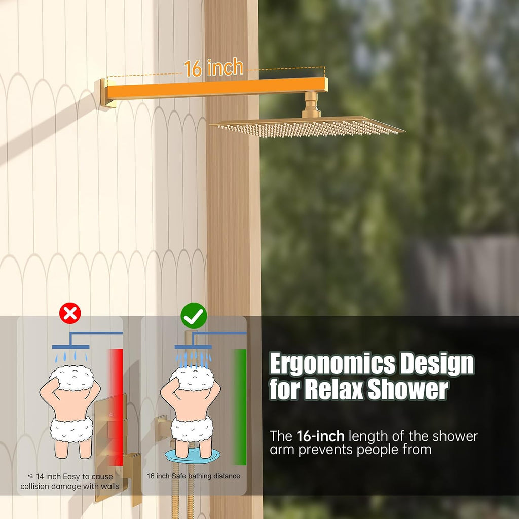 BESy Shower System with 12 Inch Rain Shower Head and Handheld Wall Mounted, High Pressure Rainfall Shower Faucet Fixture Combo Set with 2 in 1 Handheld Showerhead for Bathroom, Brushed Gold