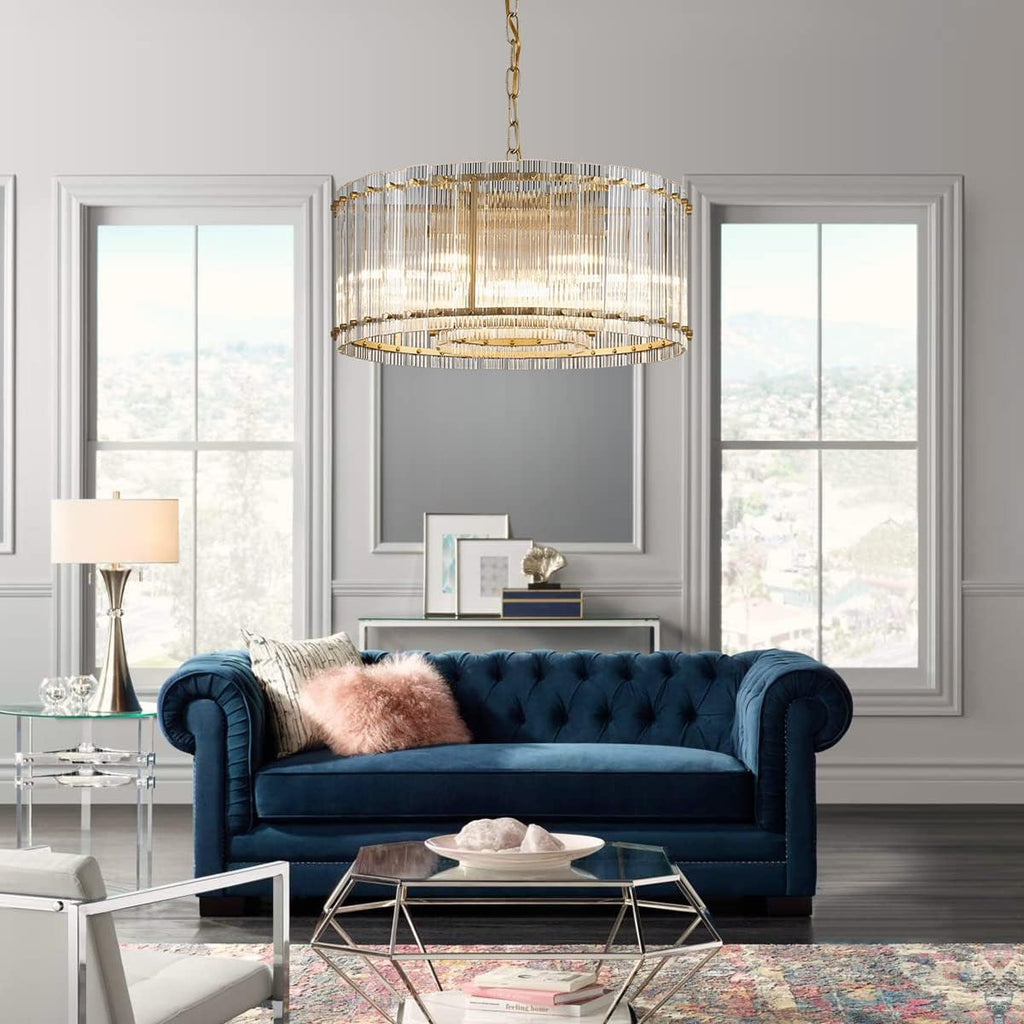 Saint Mossi Moder Glass Chandelier Light Fixture, Doule Layer Drum Pendant Modern Chandelier Lighting with 7-Light, Gold Finish