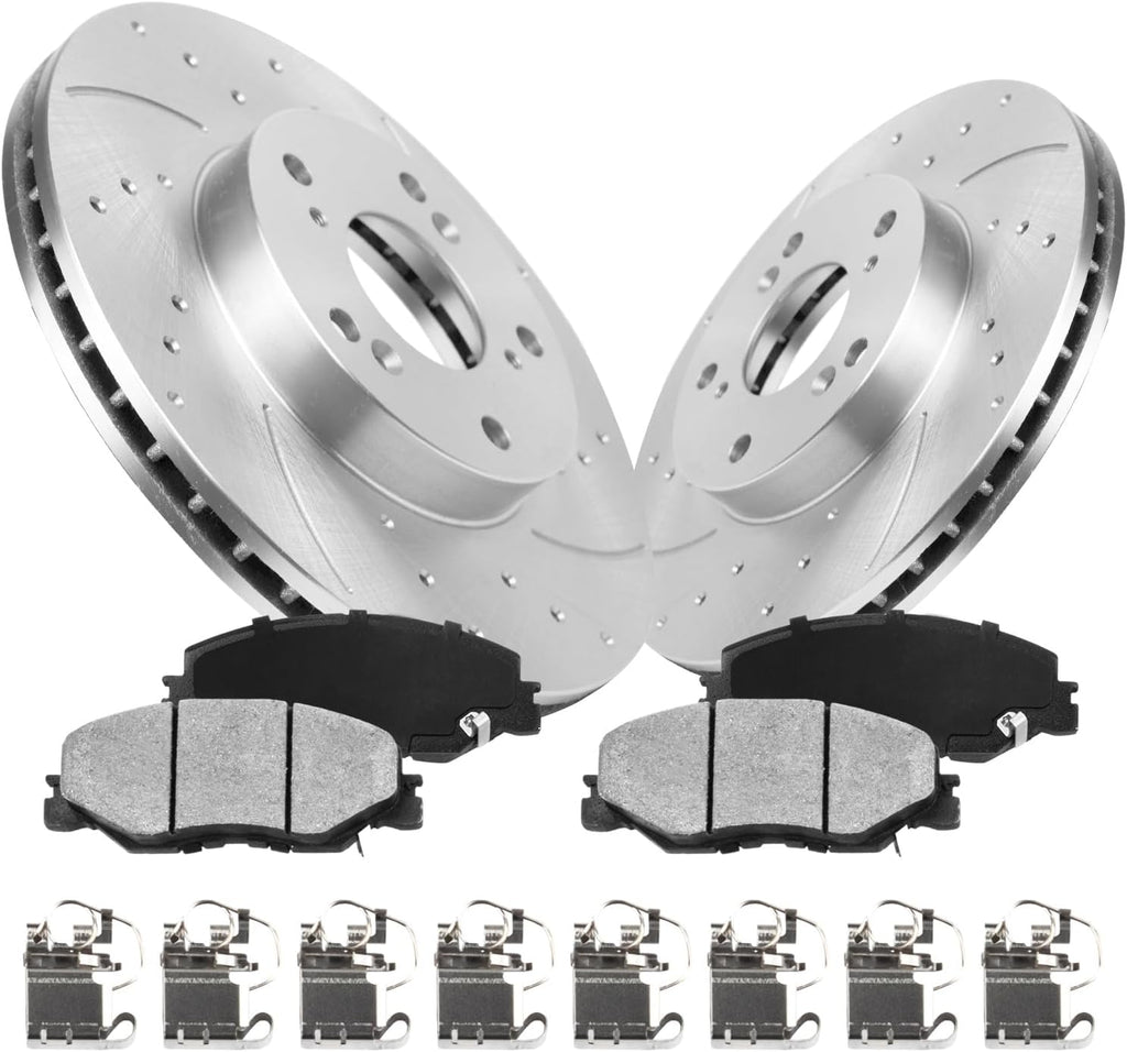 Front Brake Rotors Kit For 2003-2012 Honda Accord(300mm 11.81in ONLY) 1999-2008 Acura TL, Drilled And Slotted Brake Discs And Ceramic Brake Pads 31519 & D1506-7656 Automotive Brake Kit
