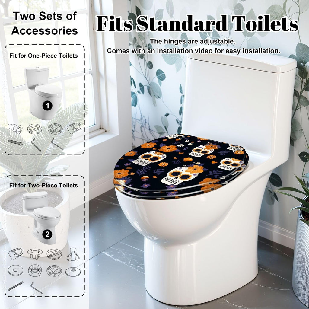 Elongated Toilet Seat Hand drawn seamless cute sugar skulls flowers for fabric Resin Toilet Seat Slow Quiet Close Lid with Quick-Release Hinges Cover Bumpers Easy to Clean Install