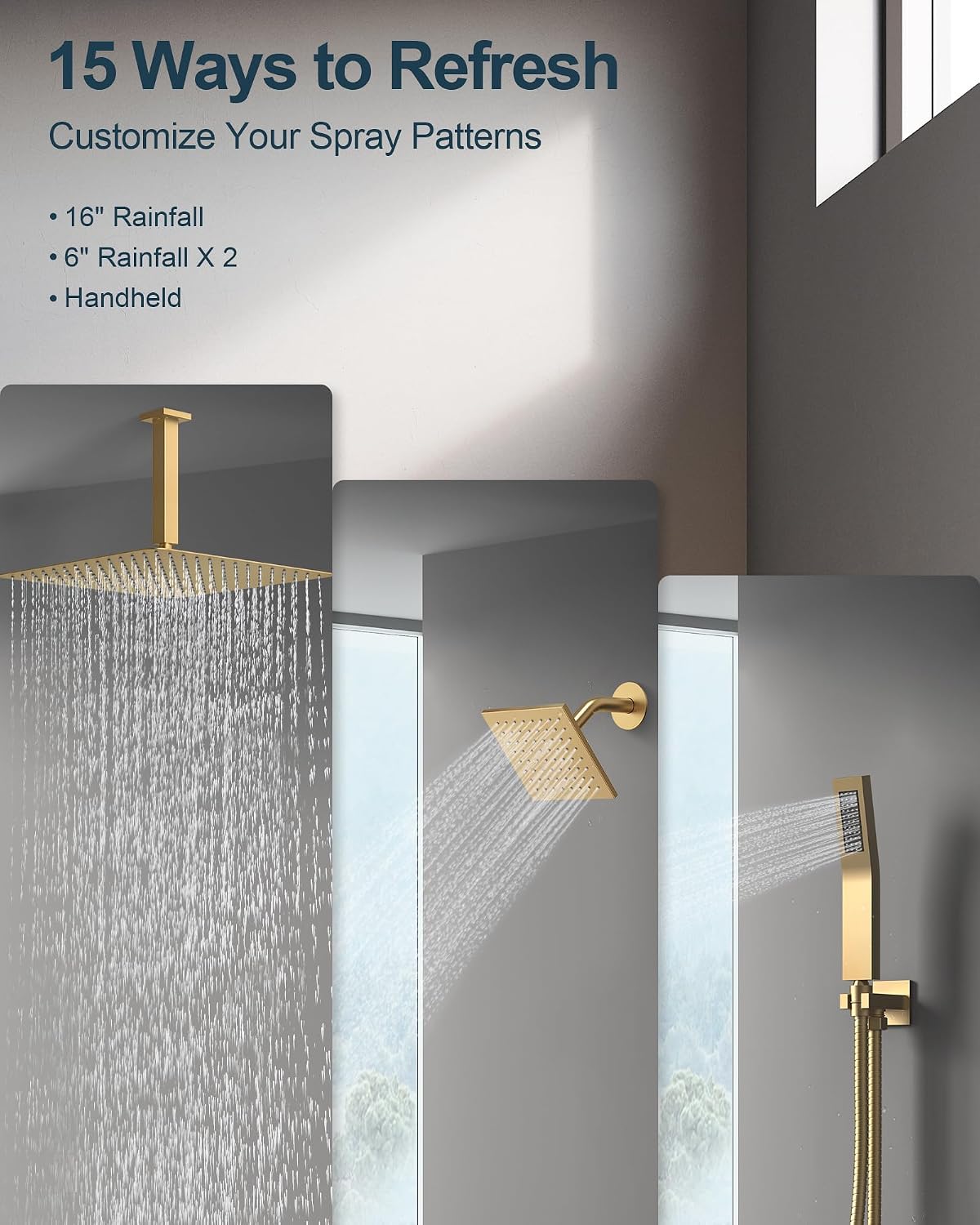 Thermostatic Shower System, 16' Ceiling Mount Rainfall shower Head with Double 6' Shower Head, Brushed Gold