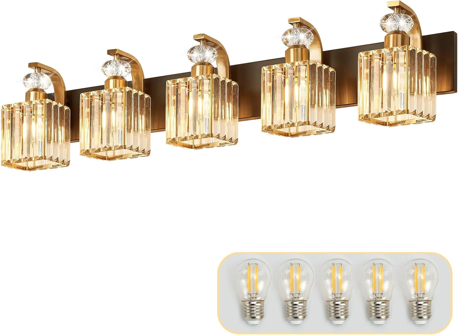 Modern Bathroom Vanity Light, 5-Light Black Gold Bathroom Lighting Fixtures Over Mirror, 36.3' Crystal Wall Light Sconce for Bathroom/Bedroom/Vanity, Includes LED Bulbs, Easy Installation