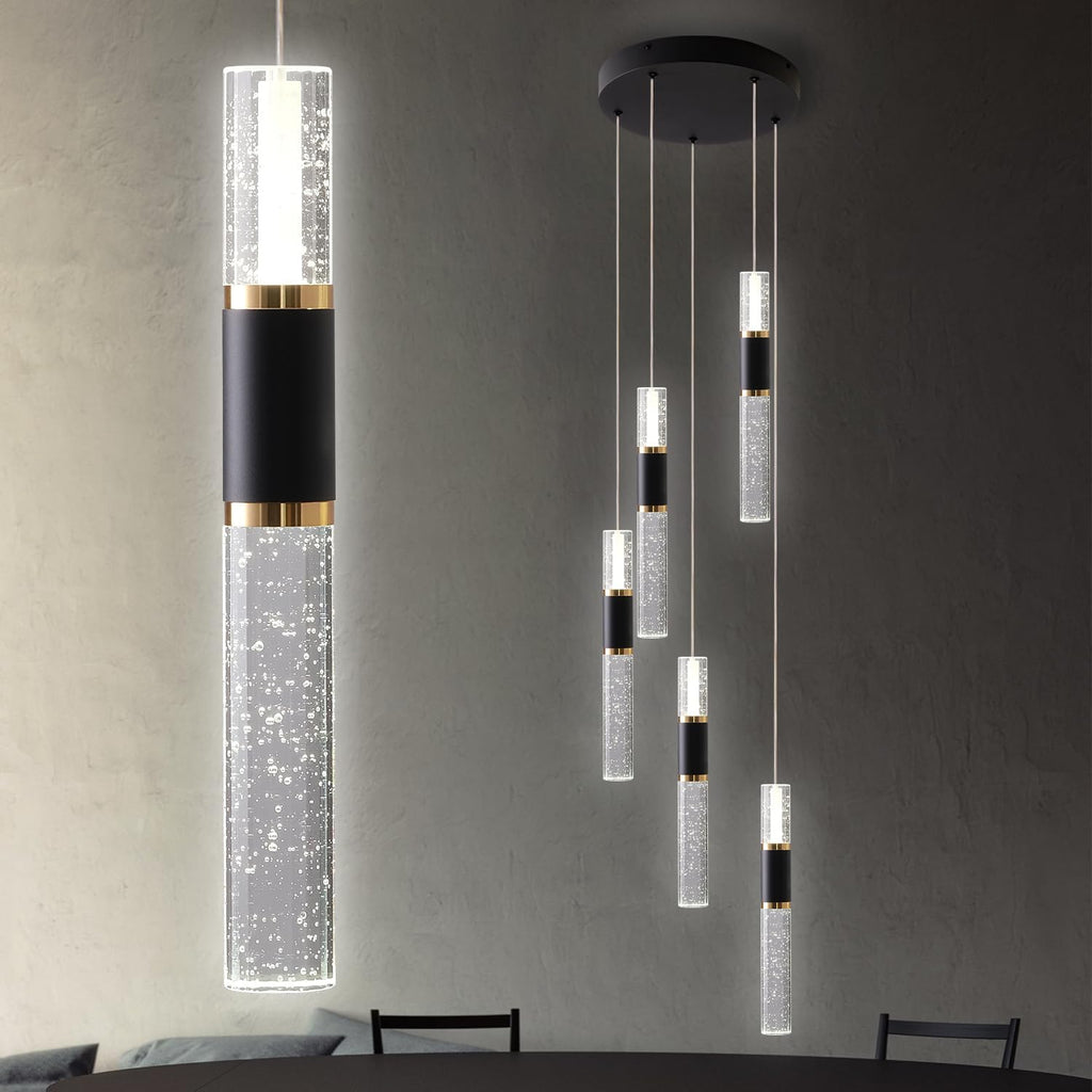 5-Light Modern Pendant Lights Kitchen Island Lighting Fixture,Dimmable Mordern LED Pendant Light with Remote,Black Gold Modern Led Chandelier for Dining Room