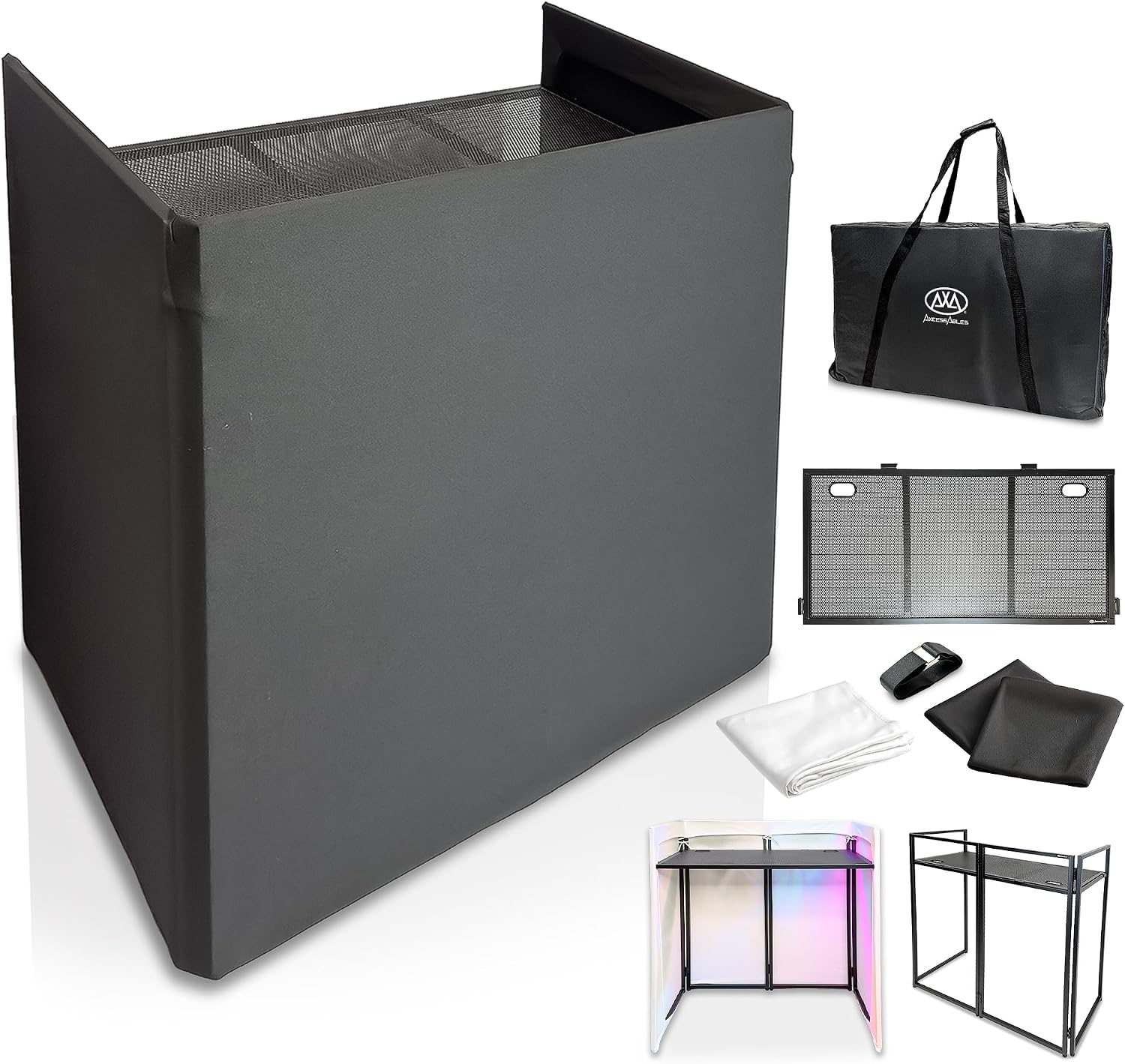 AxcessAbles Portable DJ Facade Booth with Carry Case – 40' x 20' Tabletop, Steel Frame, and Black & White Scrims | White DJ Table | Event Booth (ES-01XBW)