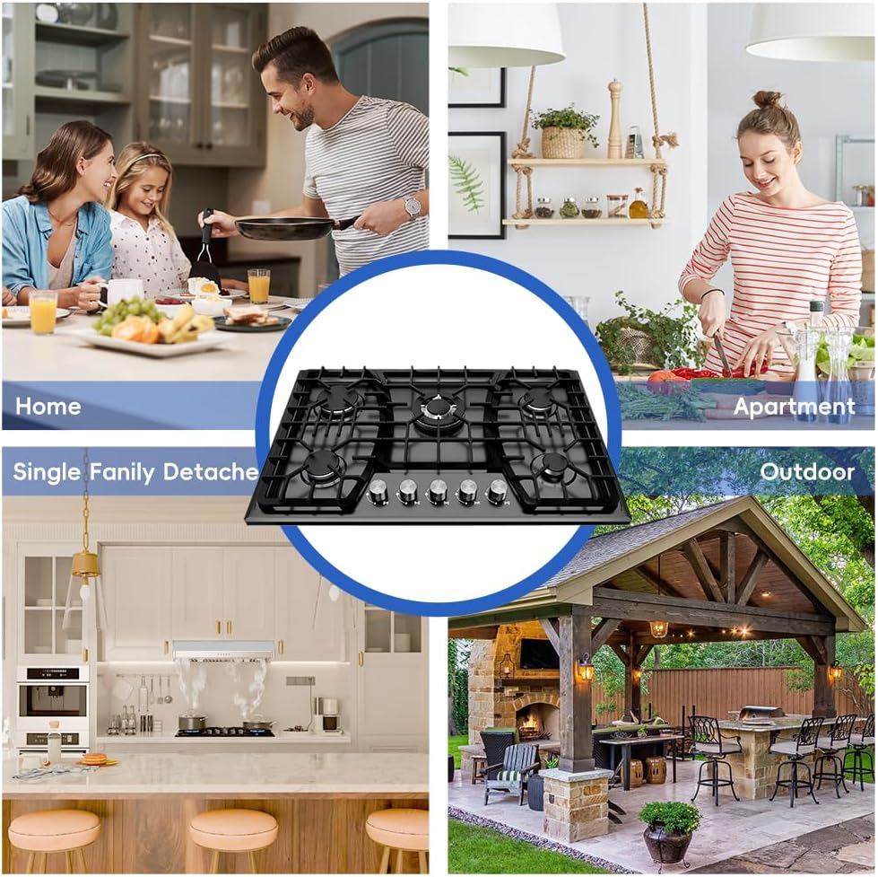 Gas Cooktop 30 Inch, 5 Burner Stove top, Built-in Propane/Natural Gas Convertible Hob, Stainless Steel Countertop Built-in with Thermocouple Protection, Black