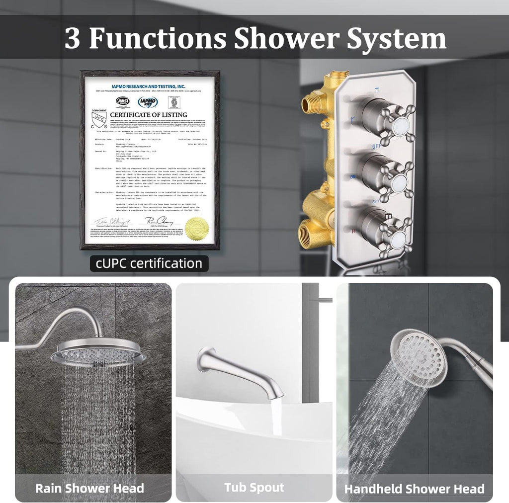 All Metal Thermostatic Shower System with Tub Spout Backnets Wall Mounted Shower Faucet Set for Bathroom with 9 Inch Rain Shower Head and Handheld, Rough-in Valve Body and Trim kit, Brushed Nickel