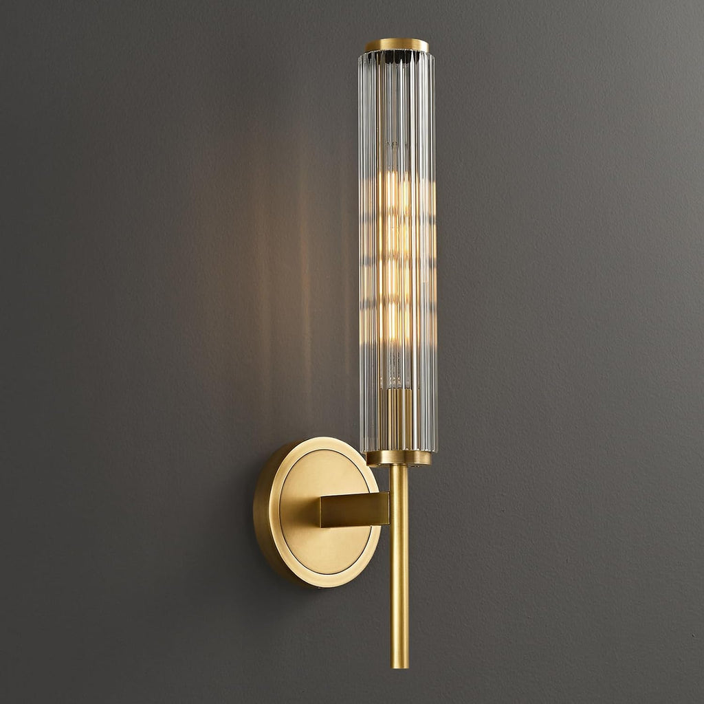 18.9' Solid Brass Wall Sconce with Ribbed Groove Glass Tube - Gold Wall lamp Includes Bulbs - Modern Brushed Copper Wall Sconces for Bathroom, Living Room, Hallway, Staircase, Mirror