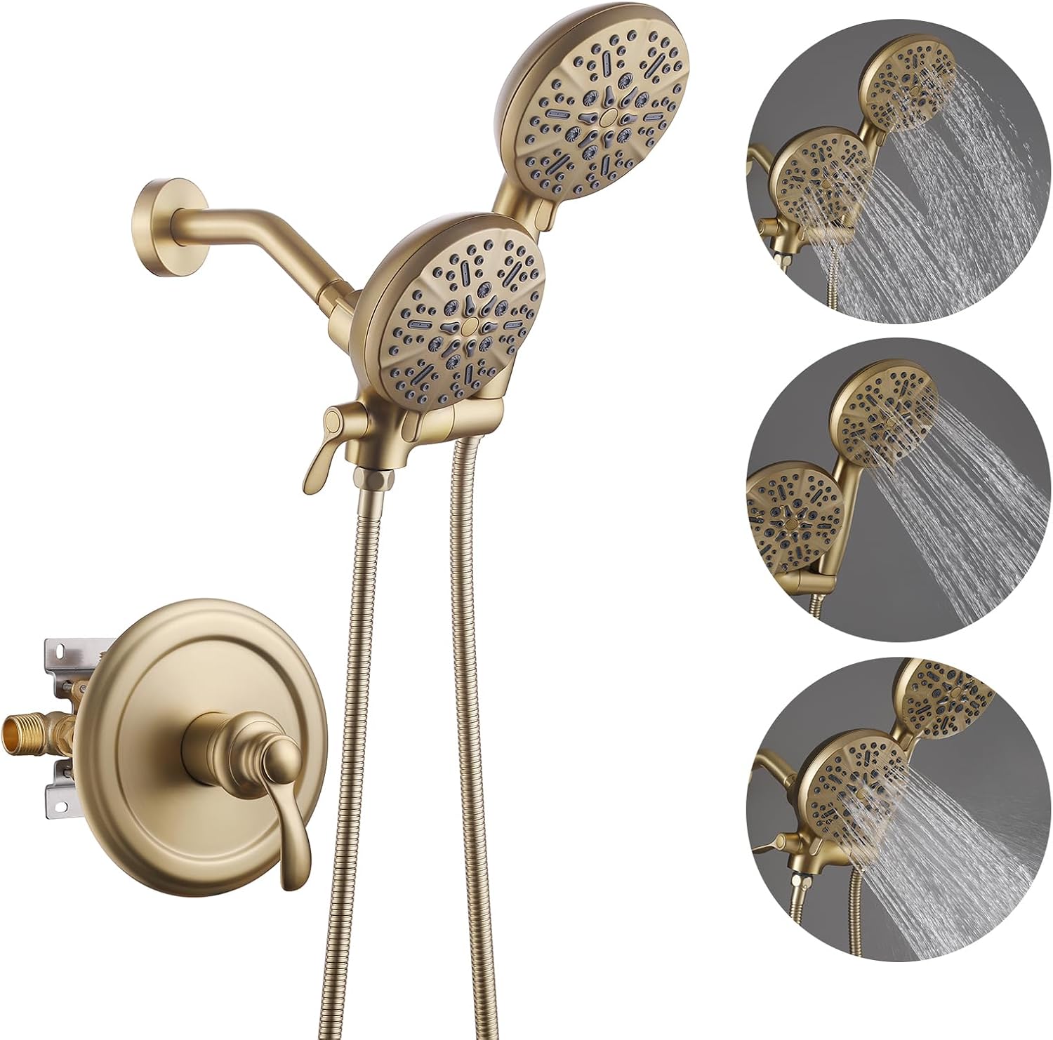 Dual Shower Head with Handheld Bathroom Double Shower Heads High Pressure 3-Way Rainfall Combo with SUS304 Hose 7-Setting Showerhead and Hand Held Shower Separately or Together Brushed Gold