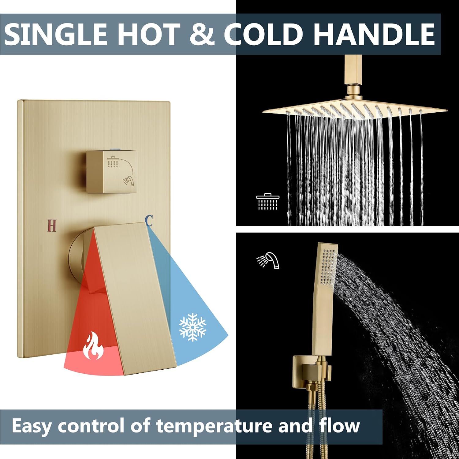 Aolemi Ceiling Mount Shower System Rain Shower Head with Handheld Spray High Pressure Shower Faucet Set Rough-in Valve Shower Trim Kit Included Bathroom Brused Gold 12 Inch Ceiling Shower Head