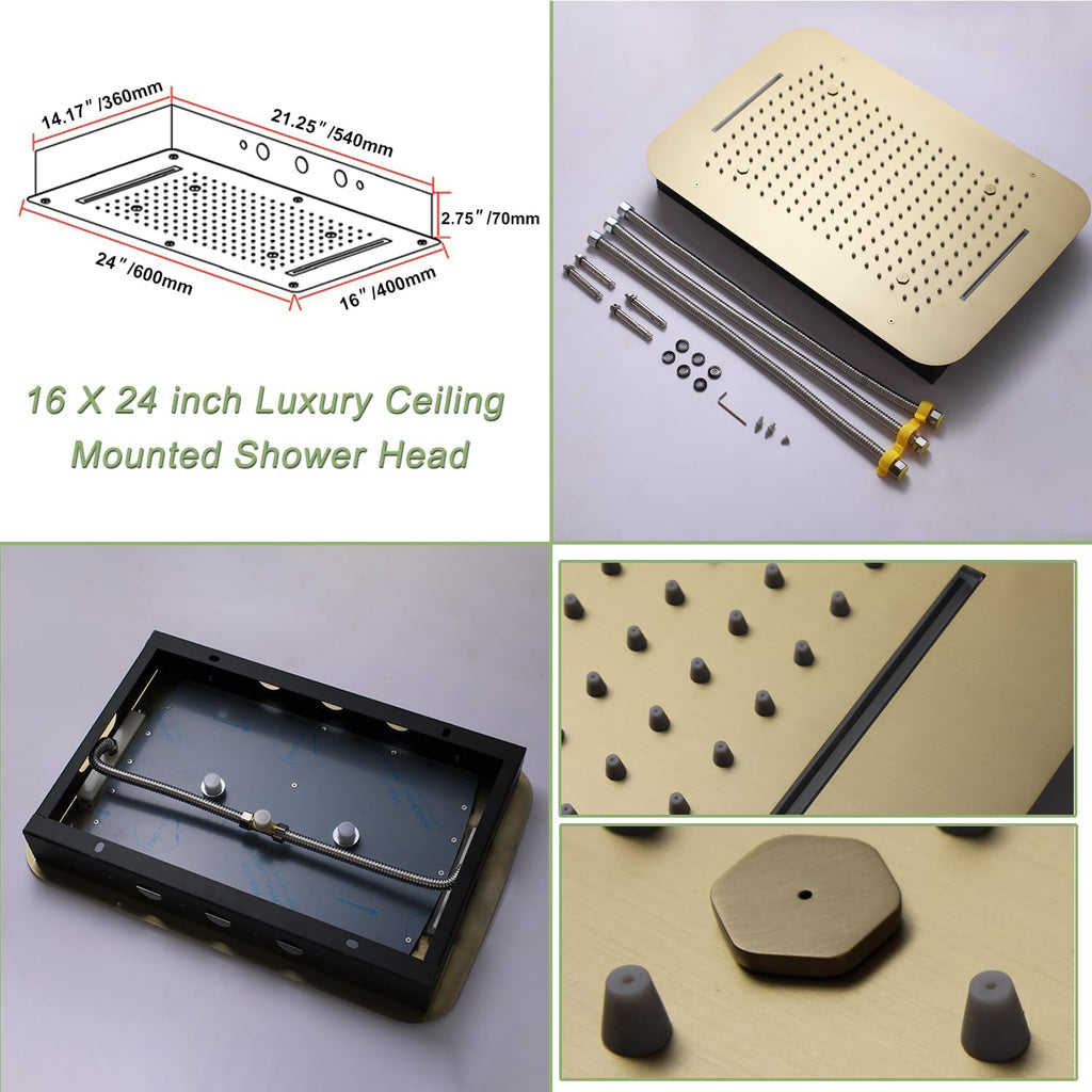 Brushed Gold Digital Display Shower System with 16X24 inch Rain&Waterfall&Mist 3 Modes Ceiling Overhead Shower Head, 6 PCS Body Jet and Handheld Spray