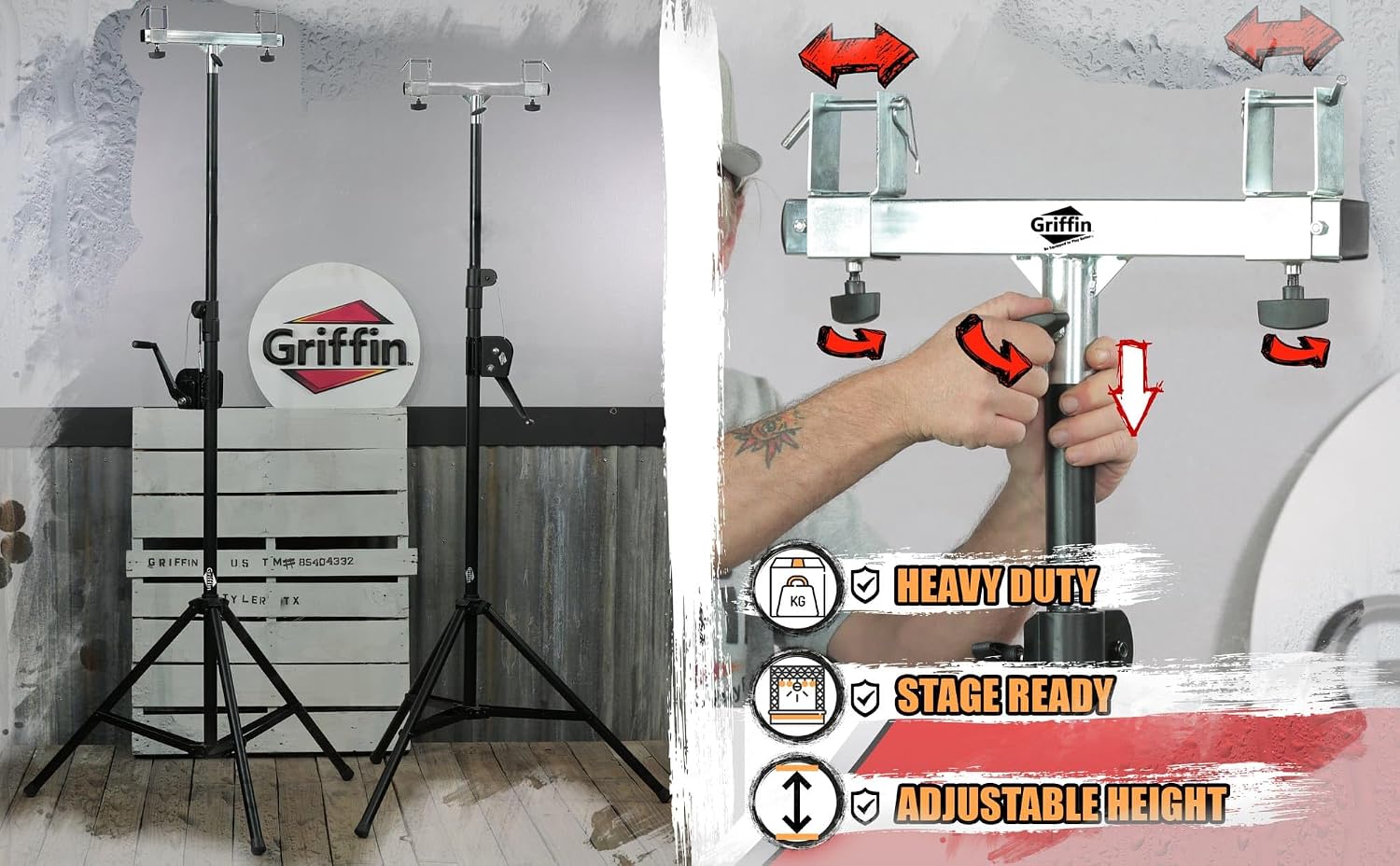 GRIFFIN Lighting Truss Stands (Hand-CrankUP PRO) with T Adapters – DJ Booth Kit & Trussing System for Light Cans & Speakers – Pro-Audio Stage Platform Hardware Mounting Package