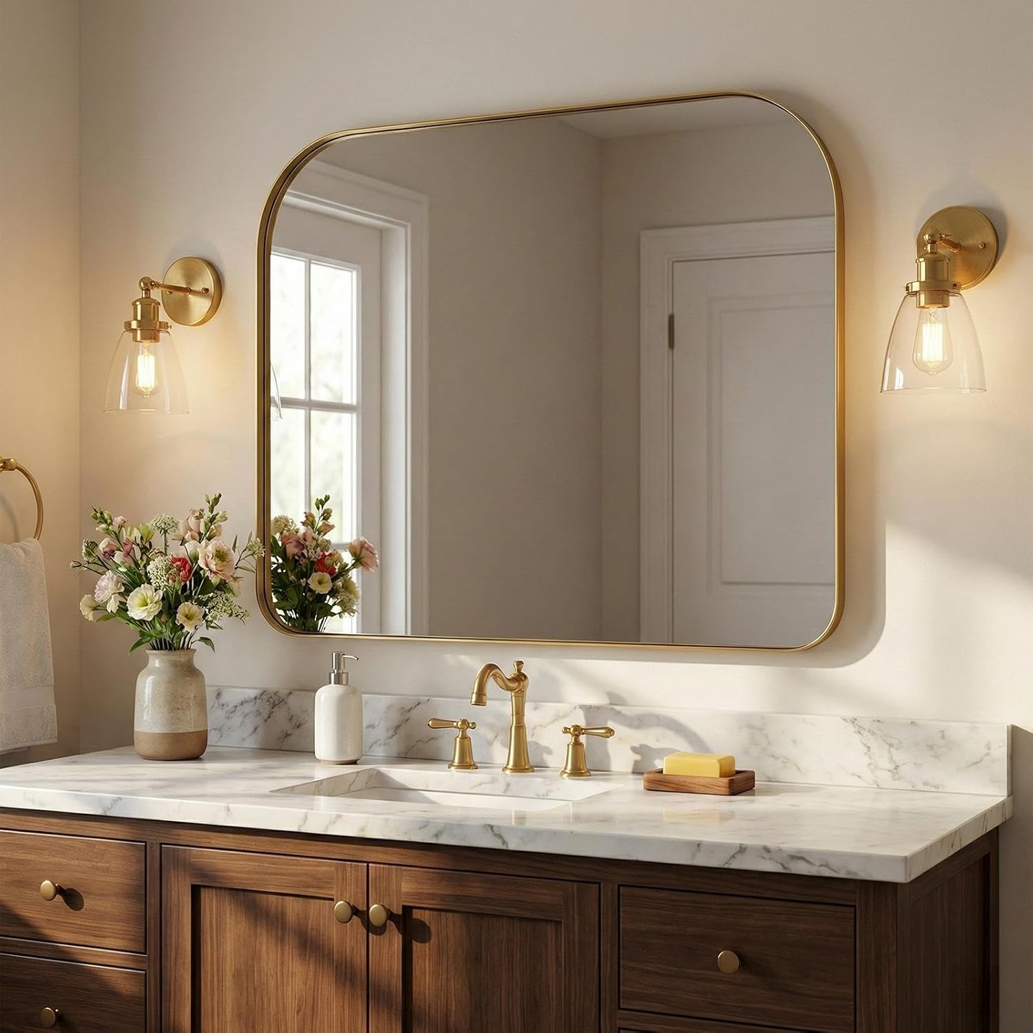 ANDY STAR 36x30 Brushed Gold Brass Bathroom Vanity Mirror, Asymmetrical Soft Arch Rectangle Wall Mirror, Rust-Resistant Stainless Steel Frame, Sleek 1-Inch Depth, for Fireplace Mantel, Living Room