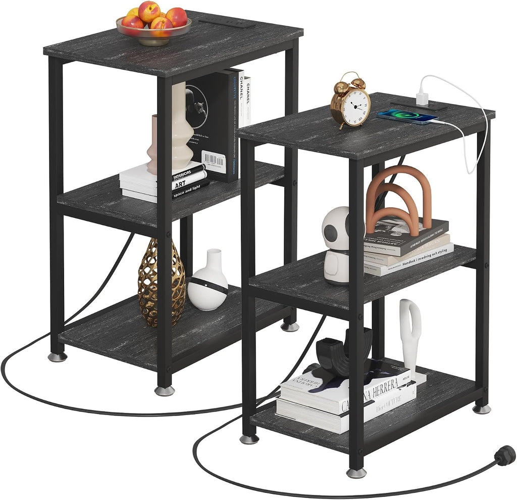 VECELO Tall End Table with Charging Station, Side Table with USB Ports and Outlets, 30' Height Nightstand with 3-Tier Storage Shelf for Living Room Bedroom Office Hallway Study
