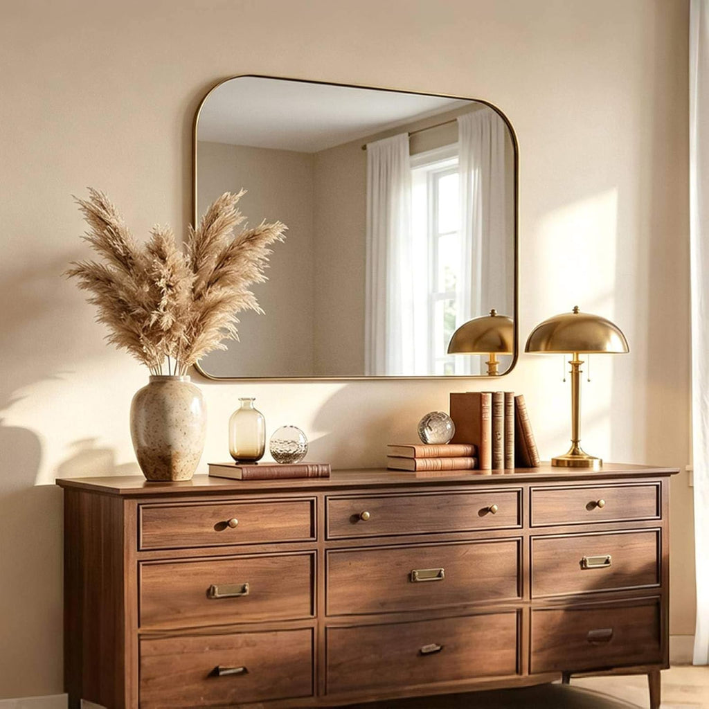 ANDY STAR 36x30 Brushed Gold Brass Bathroom Vanity Mirror, Asymmetrical Soft Arch Rectangle Wall Mirror, Rust-Resistant Stainless Steel Frame, Sleek 1-Inch Depth, for Fireplace Mantel, Living Room
