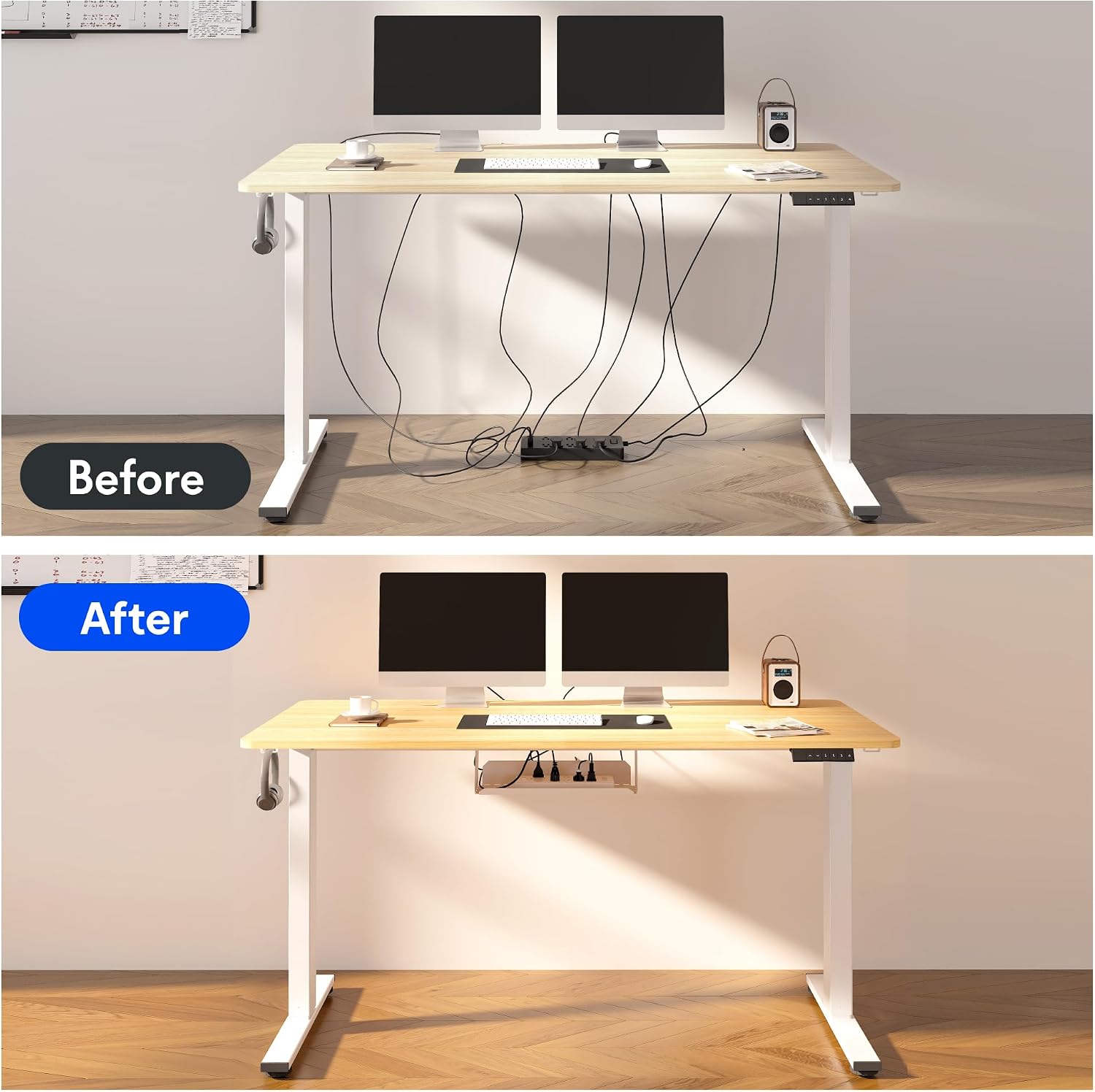 FLEXISPOT EN2 Whole-Piece Standing Desk with Clamp Power Strip, 48 x 24 Electric Stand Up Height Adjustable Desk with Cable Management (White Frame + 48' Maple Top)