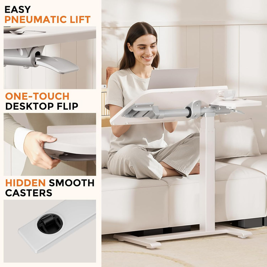 COMHOMA Tiltable Mobile Small Standing Desk, Pneumatic Adjustable Height Overbed Bedside Table with Wheels, Sit Stand Portable Rolling Laptop Desk Computer Workstations, White
