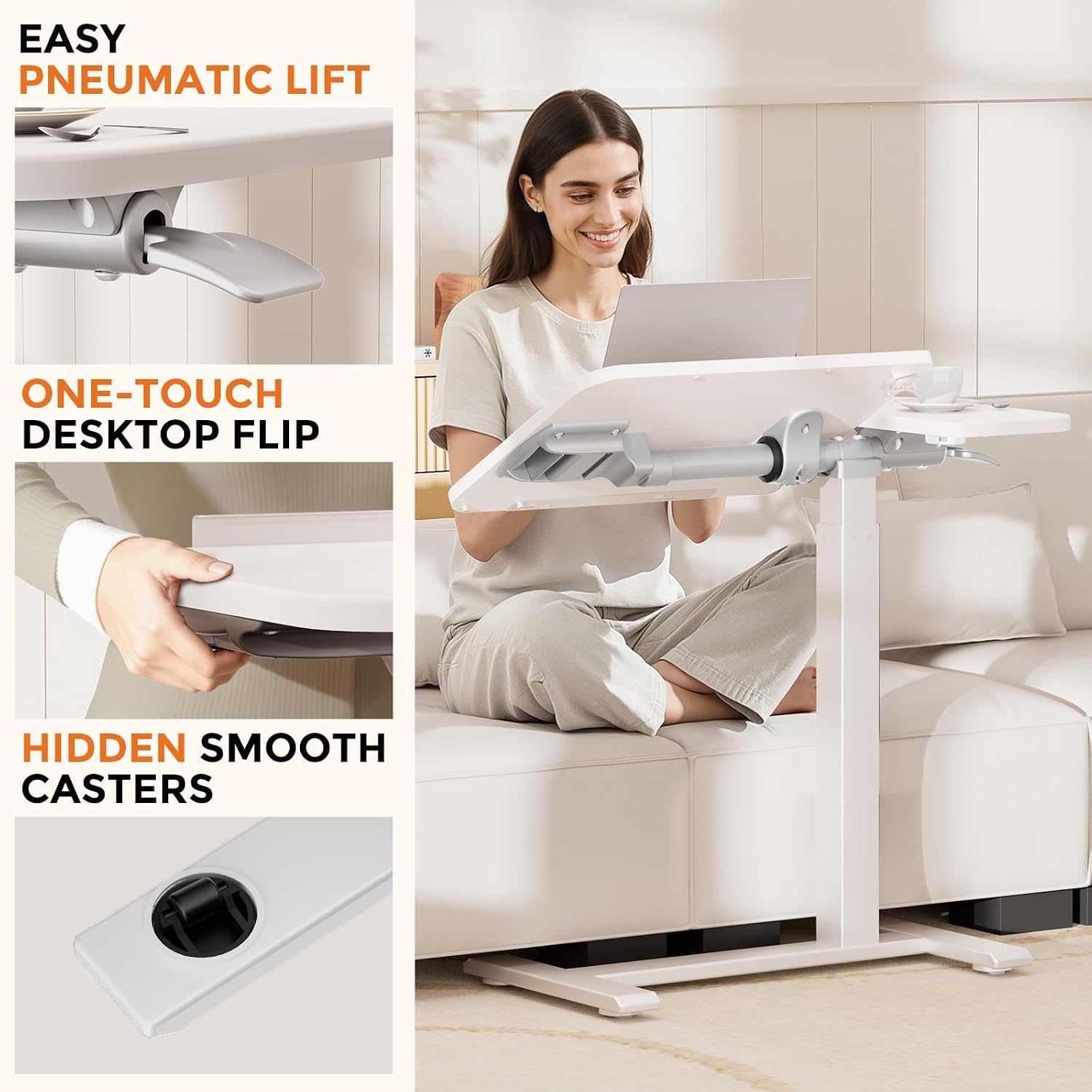 COMHOMA Tiltable Mobile Small Standing Desk, Pneumatic Adjustable Height Overbed Bedside Table with Wheels, Sit Stand Portable Rolling Laptop Desk Computer Workstations, White