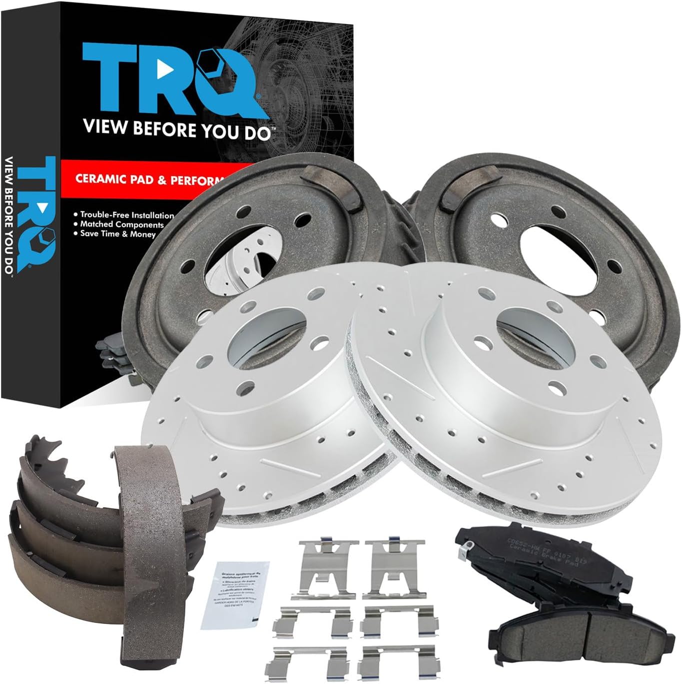 TRQ Front & Rear Brake Pad & Rotor,Shoe & Drum Kit Premium G-Coated Ceramic Performance Compatible with 1998-2002 Ford Ranger Mazda B3000 1998-2000 B4000