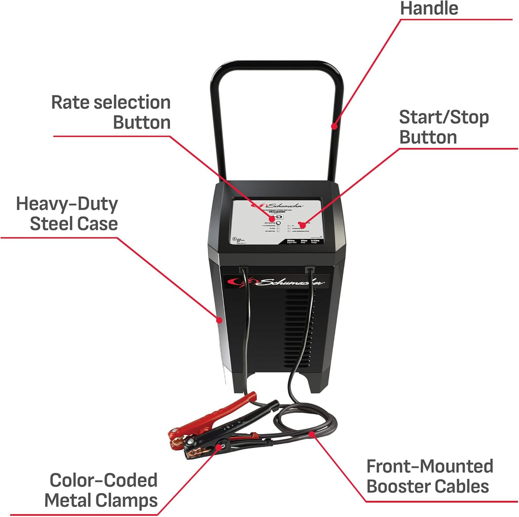 Schumacher Electric Wheeled Automatic 6A Car Battery Charger and 200A Engine Starter, 4-in-1 Solution, Maintainer, 40A Boost, for 12V Power Sport, Automotive, and Marine Batteries, SC1285