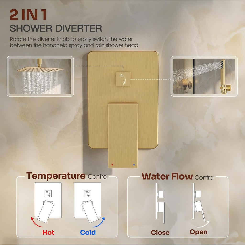 Ceiling Mount Shower System, Gold Shower Faucet Set with 12-Inch Rain Showerhead and Handheld Spray Combo, High-Pressure Showerheads Set with Valve and Trim Kit, Brushed Gold