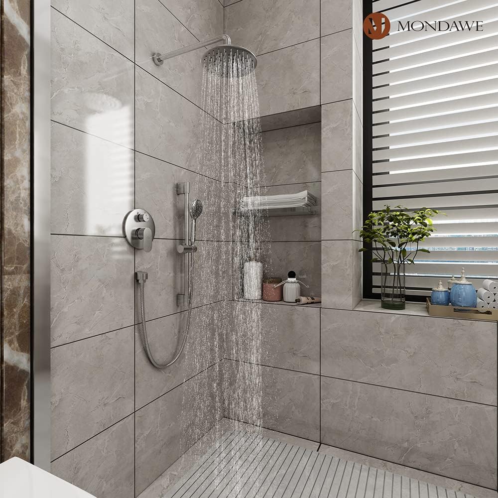 MONDAWE 9 Inch Wall Mounted Shower Faucet Set in Brushed Nickel, Rainfall Shower Head with 3-Setting Handheld Spray Shower Set Combo, High Pressure Shower System with Solid Brass Valve