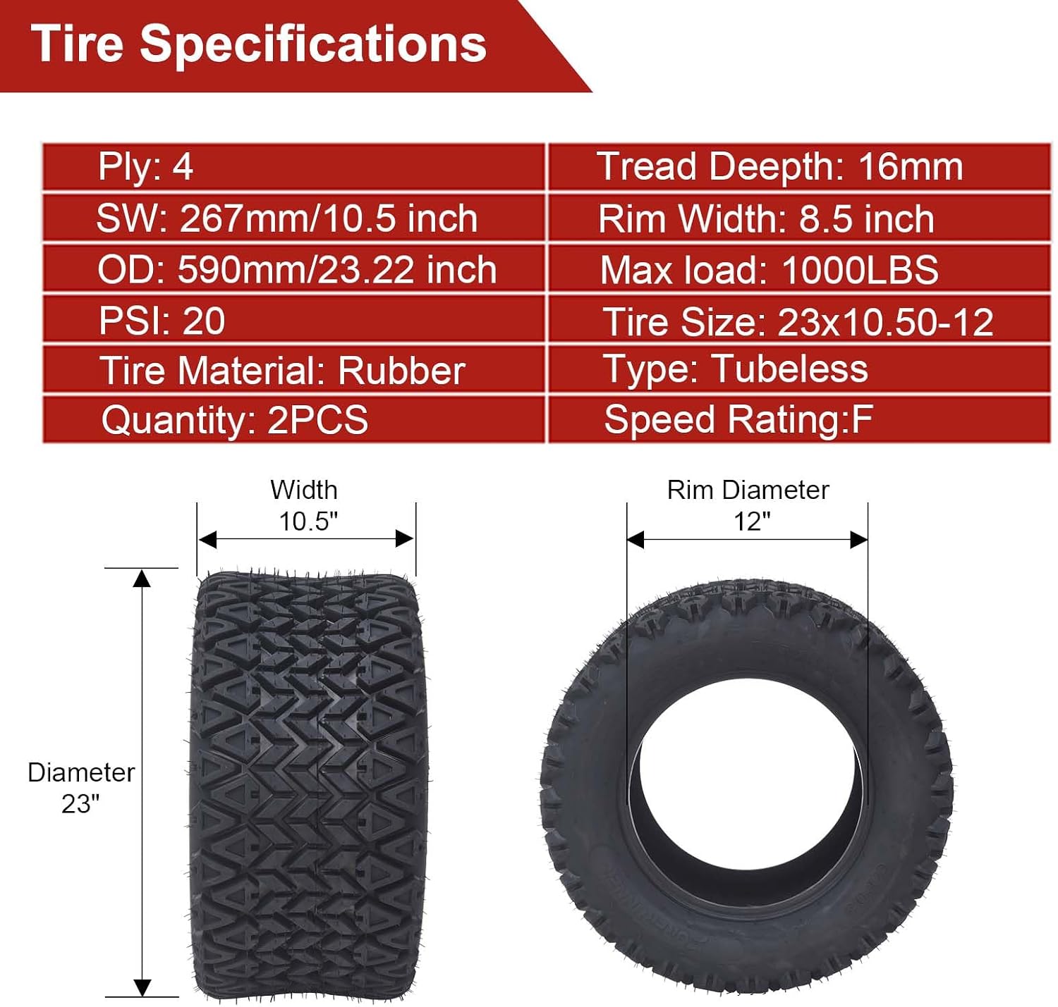 GarveeLife 23x10.50-12 4PR Lawn Mower Tires 23x10.50-12 Tractor Turf Tire 23x10.50x12Tires 4PR Ply Tubeless Set of 2, for Lawn Mower, Riding Lawn Mower, Lawn Tractor, Garden Tractor...