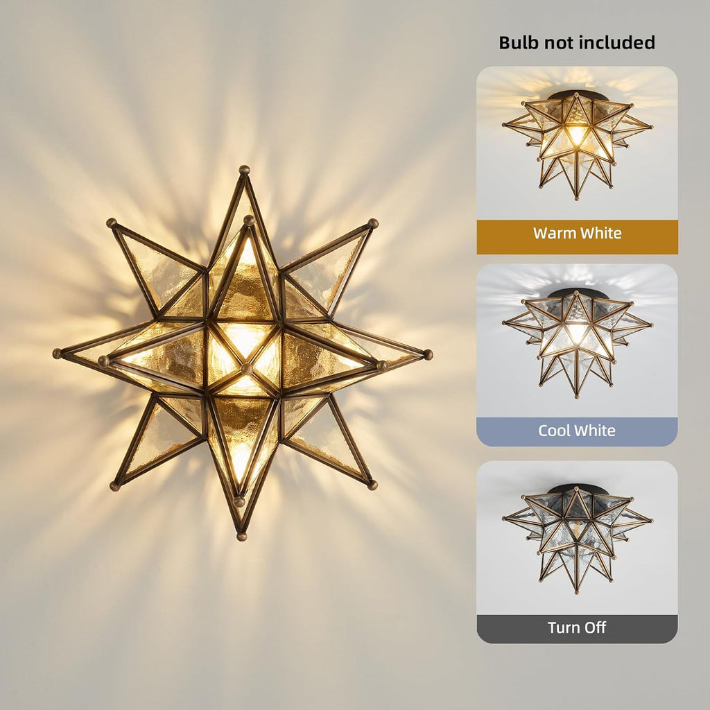Moravian Brass Star Ceiling Light - 12.7 Inch Oil Rubbed Bronze Black Vintage Flush Mount Lighting Fixtures - Art Deco Moroccan Glass Fixture Lights for Hallway Kitchen Farmhouse Bedroom Entryway