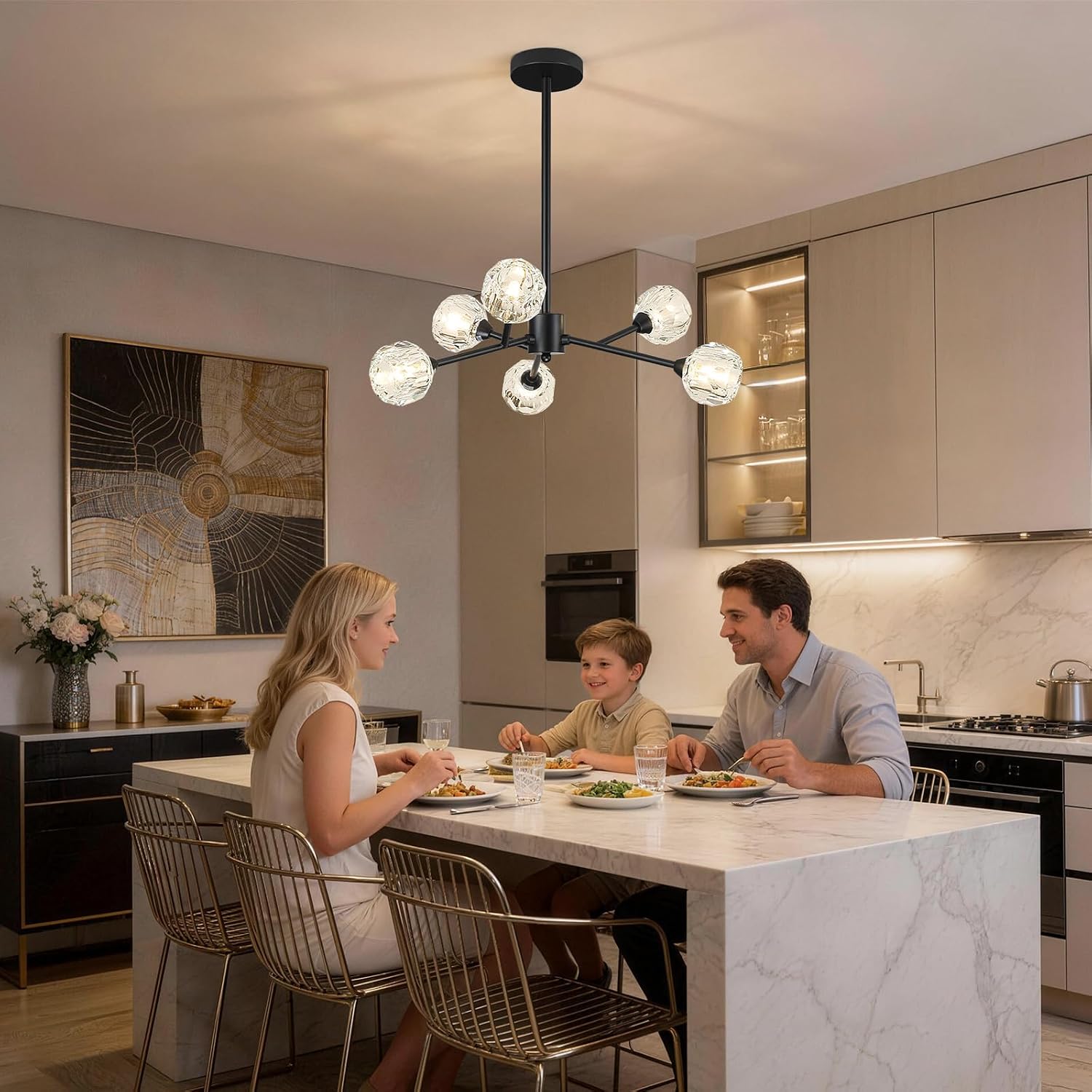 Weesalife Sputnik Chandeliers for Dining Room Light Fixture Over Table, Modern Crystal Chandeliers, 6 Lights Black Lighting Fixtures for Living Room Bedroom Kitchen Island