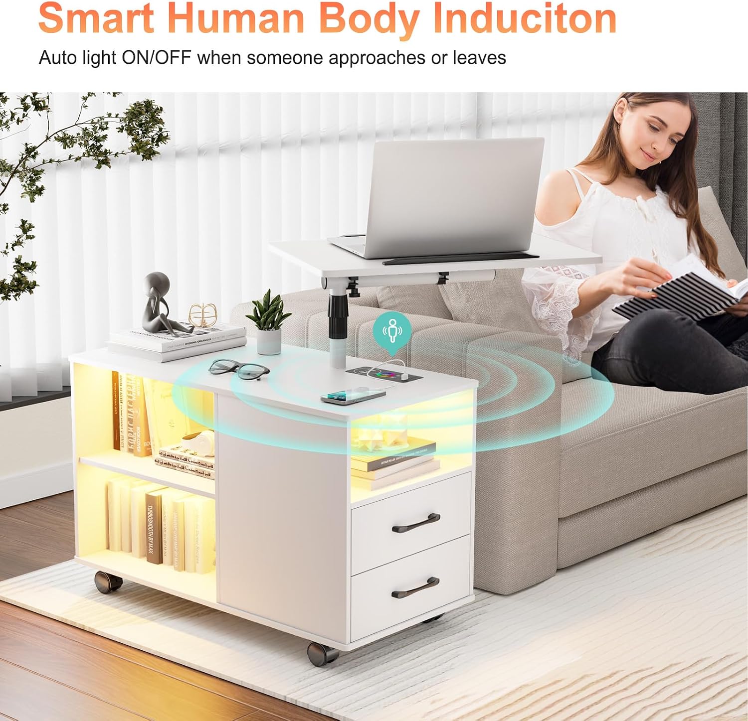HNEBC LED Nightstand with RGB Lights&Charging Station for Bedroom, Smart Bedside Table with Lockable Wheels, 2 Drawer, Modern End Side Table with Adjustable Rotary (White)
