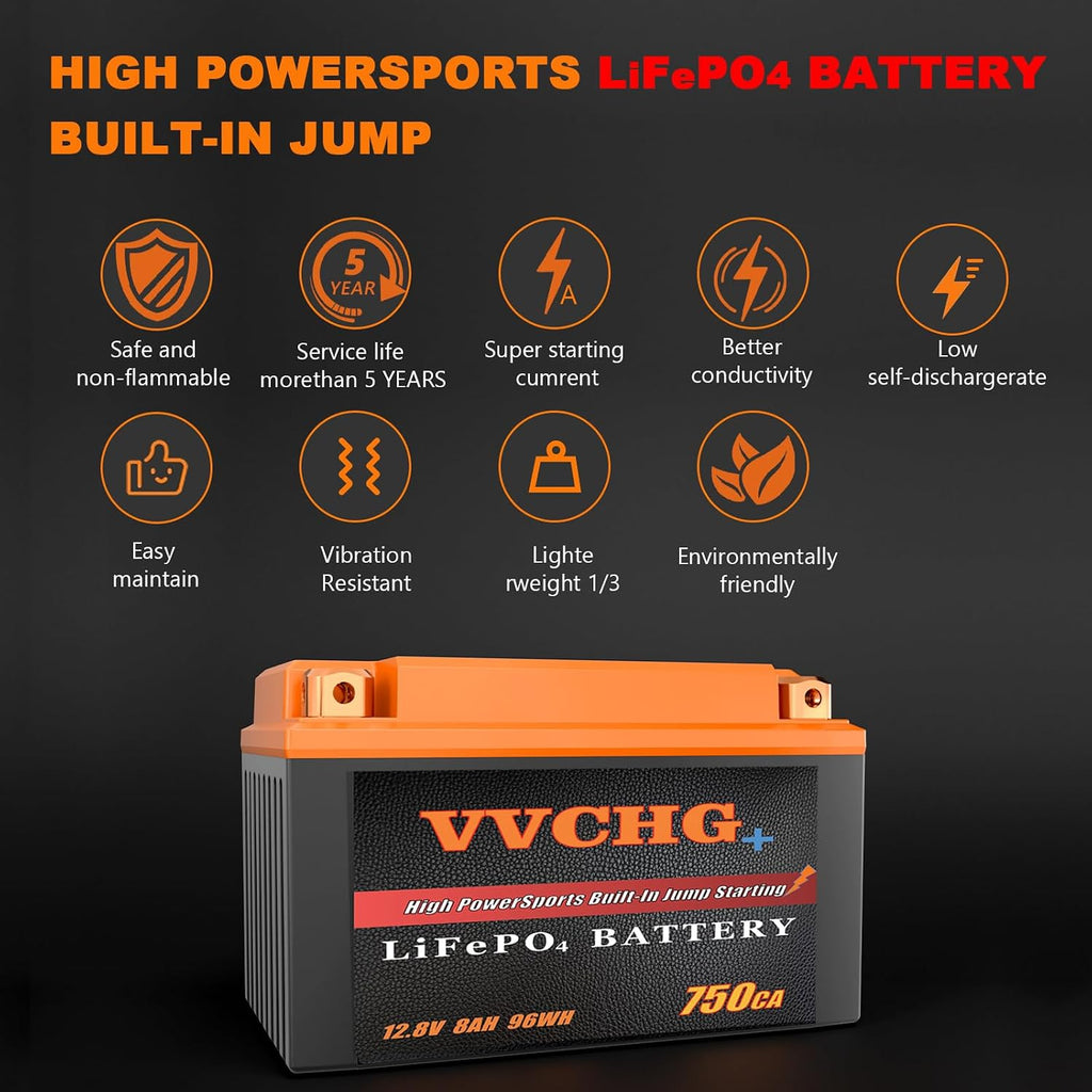 Motorcycle Battery 12V 8Ah 750CA Lithium Batteries, 12 volt ATV Battery, Lifepo4 Battery Compatible with ATV, UTV, Jet Ski, Lawn Mower, Snowmobile, Motorboat, and Generator Battery (8AH)