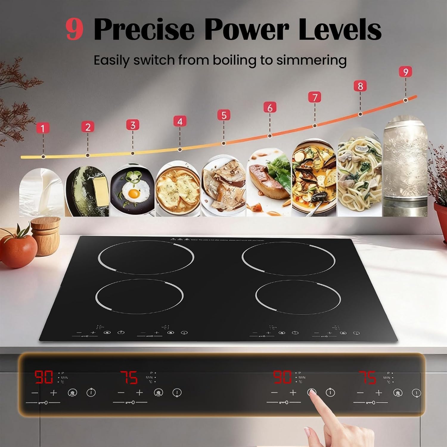 23 Inch Electric Cooktop - 4 Burner 3000W Ceramic Stove Built-in Electric Stove Top w/9 Heating Levels Touch-adjustable Control