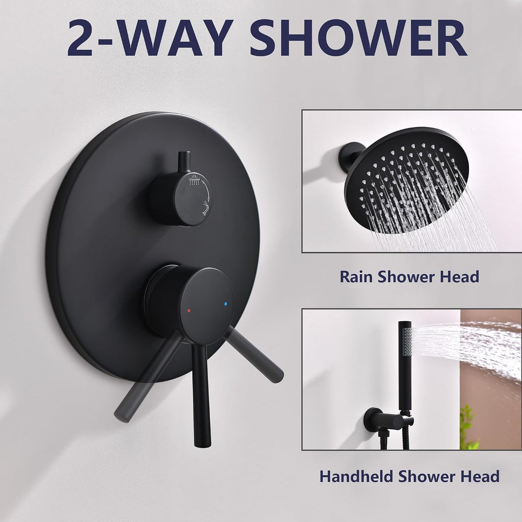 Shower System, Black Shower Faucet Set, 8' Rainfall Shower Head and Handheld Spray Combo, Round Shower Head and Handle Set with Valve and Trim Kit, Matte Black