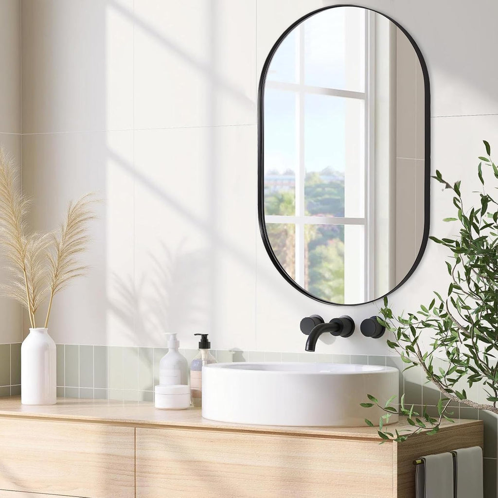 ANDY STAR Black Oval Mirror, 26x38'' Pill Shaped Mirror 1'' Deep Metal Frame Wall Mounted Vertically&Horizontally Ideal for Limited Space